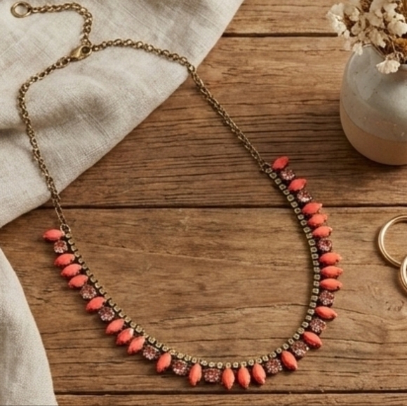 J. Crew Coral Pink & Rhinestone Statement Necklace - Muted Gold Tone - Picture 7 of 7